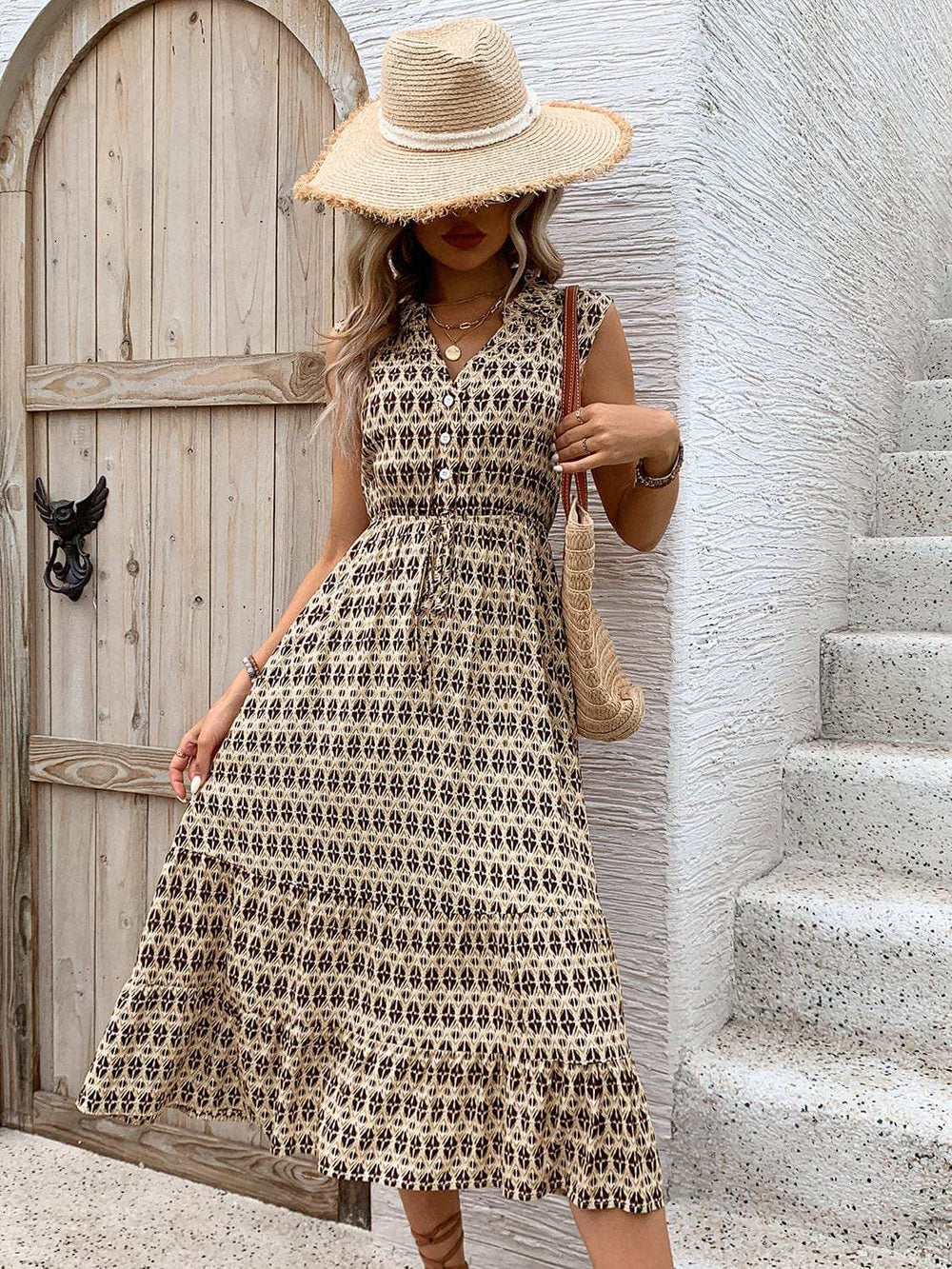 Printed Johnny Collar Midi Dress - Trendsi - Flyclothing LLC