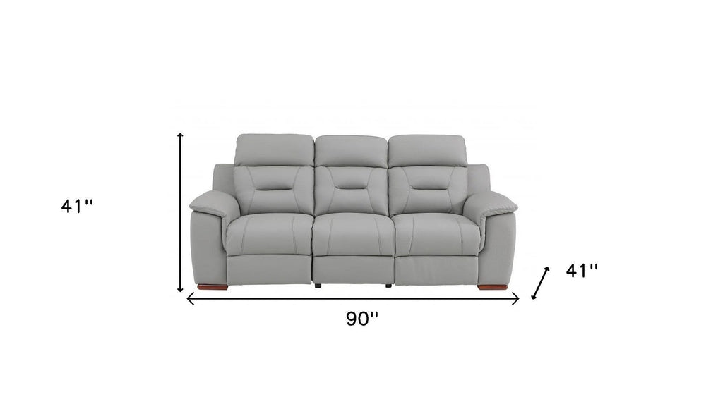 90" Gray Faux Leather Reclining Sofa With Brown Legs - Homeroots - Flyclothing LLC