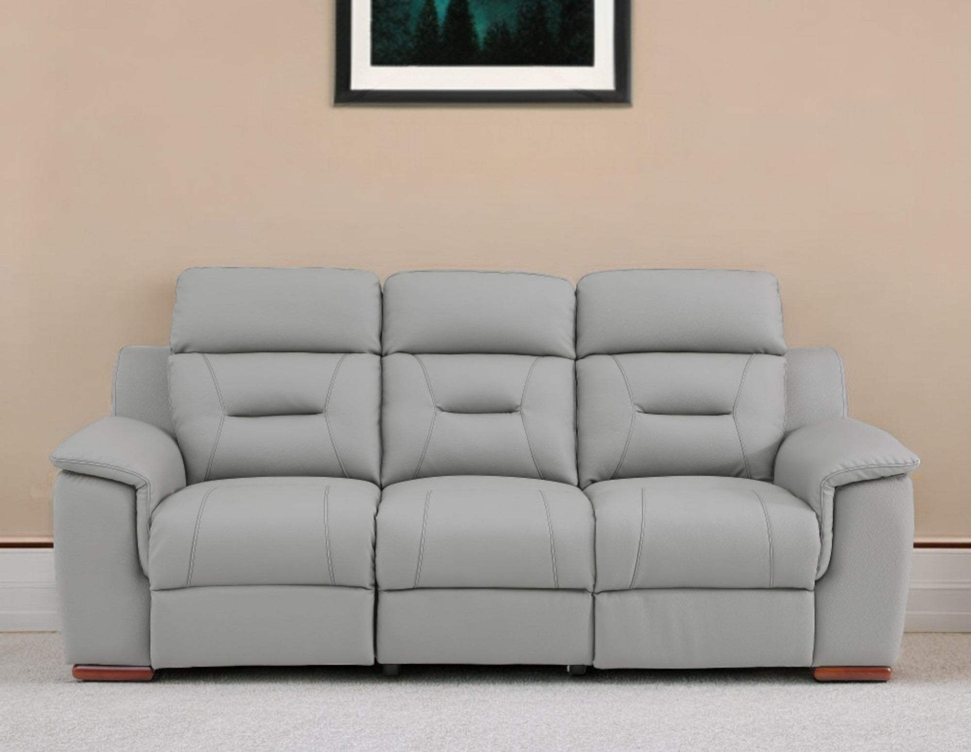 90" Gray Faux Leather Reclining Sofa With Brown Legs - Homeroots - Flyclothing LLC