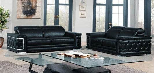 Two Piece Indoor Black Italian Leather Five Person Seating Set - Homeroots