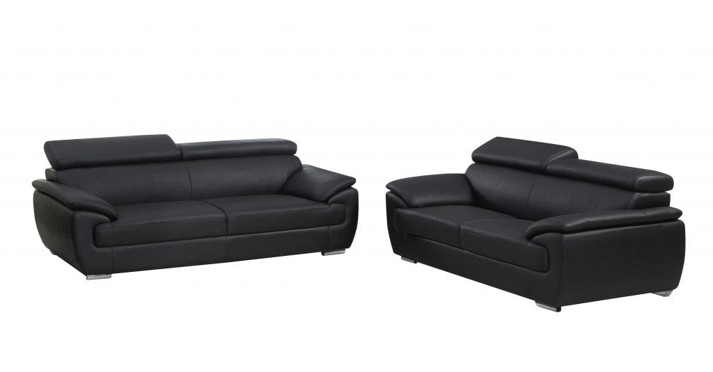 Two Piece Indoor Black Genuine Leather Five Person Seating Set - Homeroots