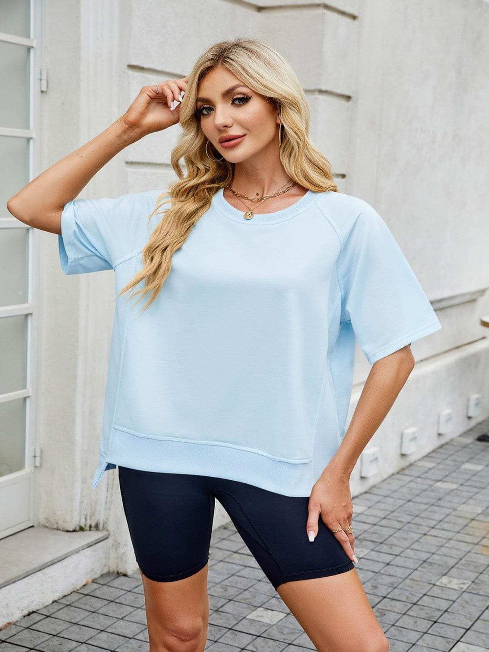 Round Neck Short Sleeve T-Shirt - Trendsi - Flyclothing LLC