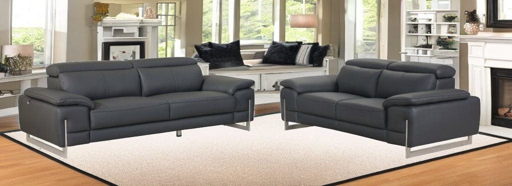 Two Piece Indoor Dark Gray Italian Leather Five Person Seating Set - Homeroots
