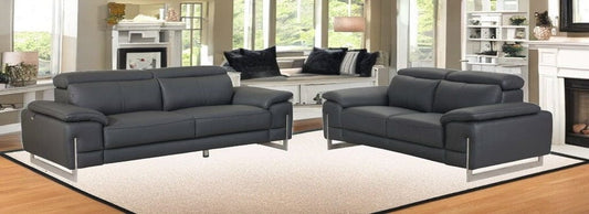 Two Piece Indoor Dark Gray Italian Leather Five Person Seating Set - Homeroots