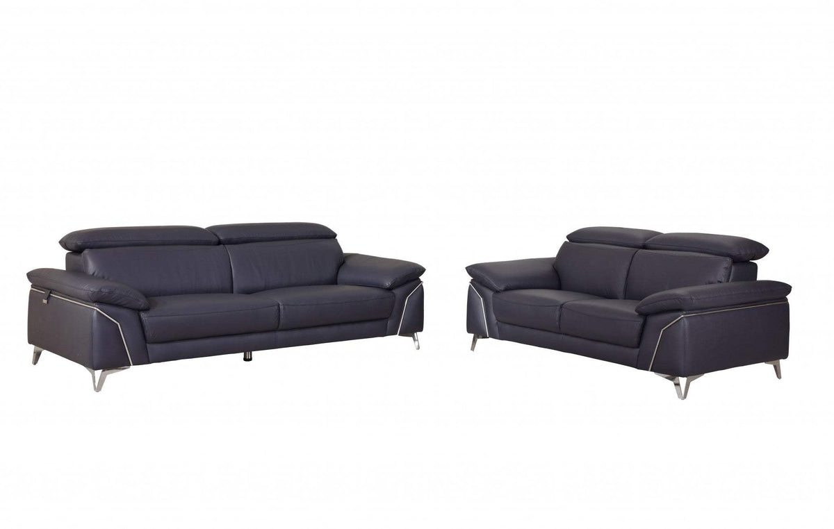 Two Piece Indoor Blue Italian Leather Five Person Seating Set - Homeroots - Flyclothing LLC
