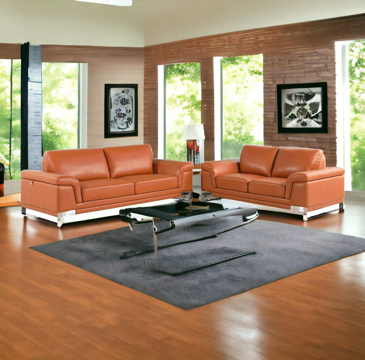 Two Piece Indoor Camel Italian Leather Five Person Seating Set - Homeroots - Flyclothing LLC