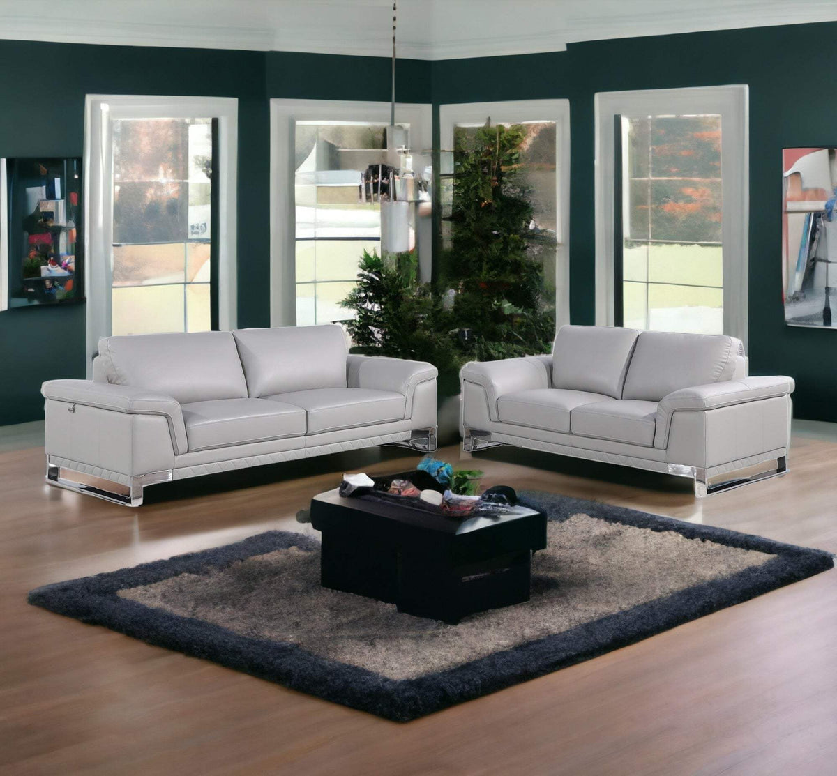 Two Piece Indoor Light Gray Italian Leather Five Person Seating Set - Homeroots - Flyclothing LLC