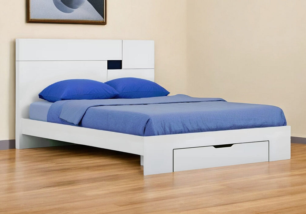 White Wood King Platform Bed Frame With Storage Drawer - Homeroots