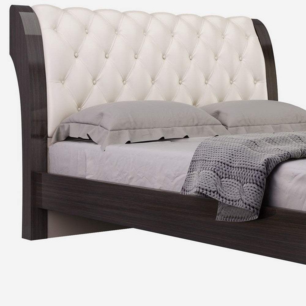 Solid Wood King Tufted Beige Upholstered Faux Leather Bed With Nailhead Trim - Homeroots - Flyclothing LLC