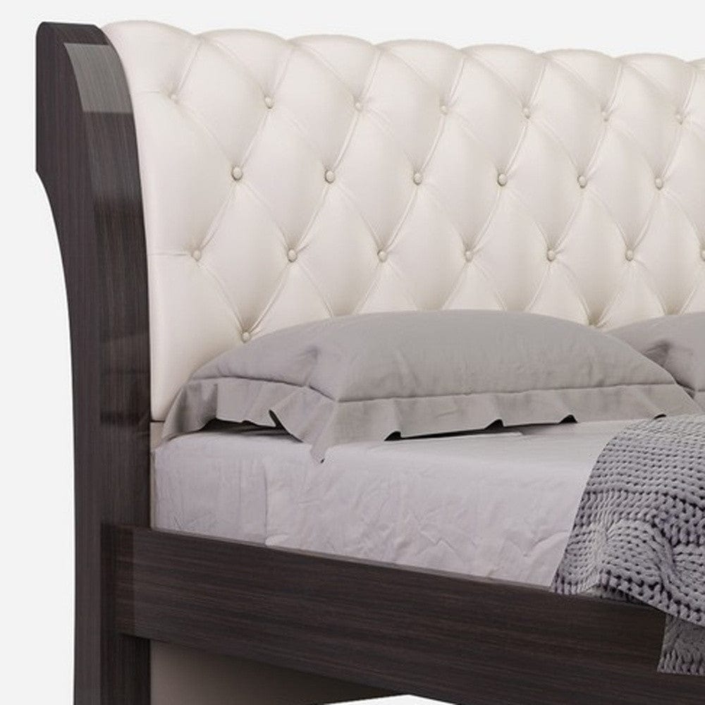 Solid Wood King Tufted Beige Upholstered Faux Leather Bed With Nailhead Trim - Homeroots