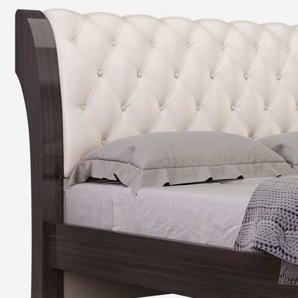Solid Wood King Tufted Beige Upholstered Faux Leather Bed With Nailhead Trim - Homeroots - Flyclothing LLC