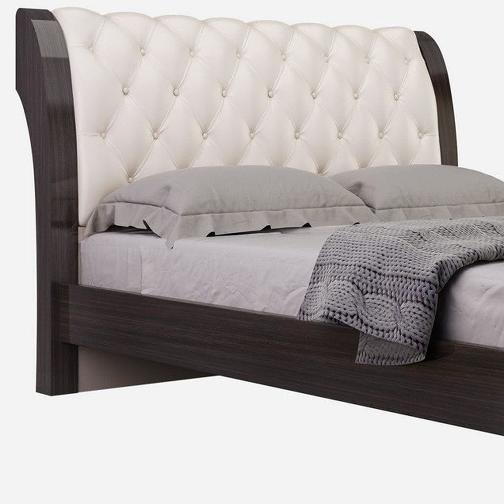 Solid Wood King Tufted Beige Upholstered Faux Leather Bed With Nailhead Trim - Homeroots