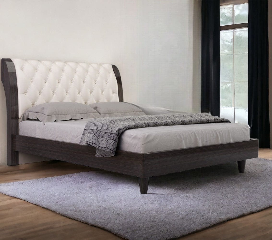 Solid Wood King Tufted Beige Upholstered Faux Leather Bed With Nailhead Trim - Homeroots