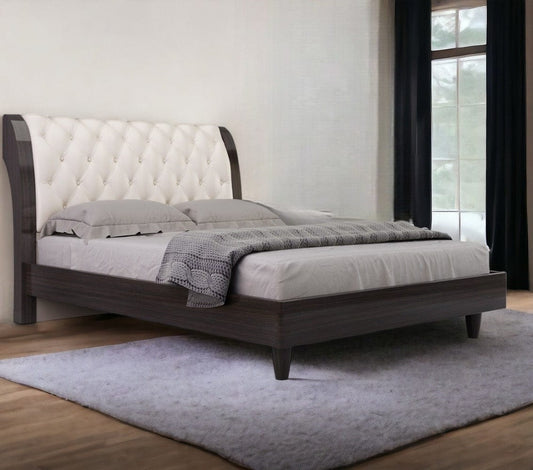 Solid Wood King Tufted Beige Upholstered Faux Leather Bed With Nailhead Trim - Homeroots