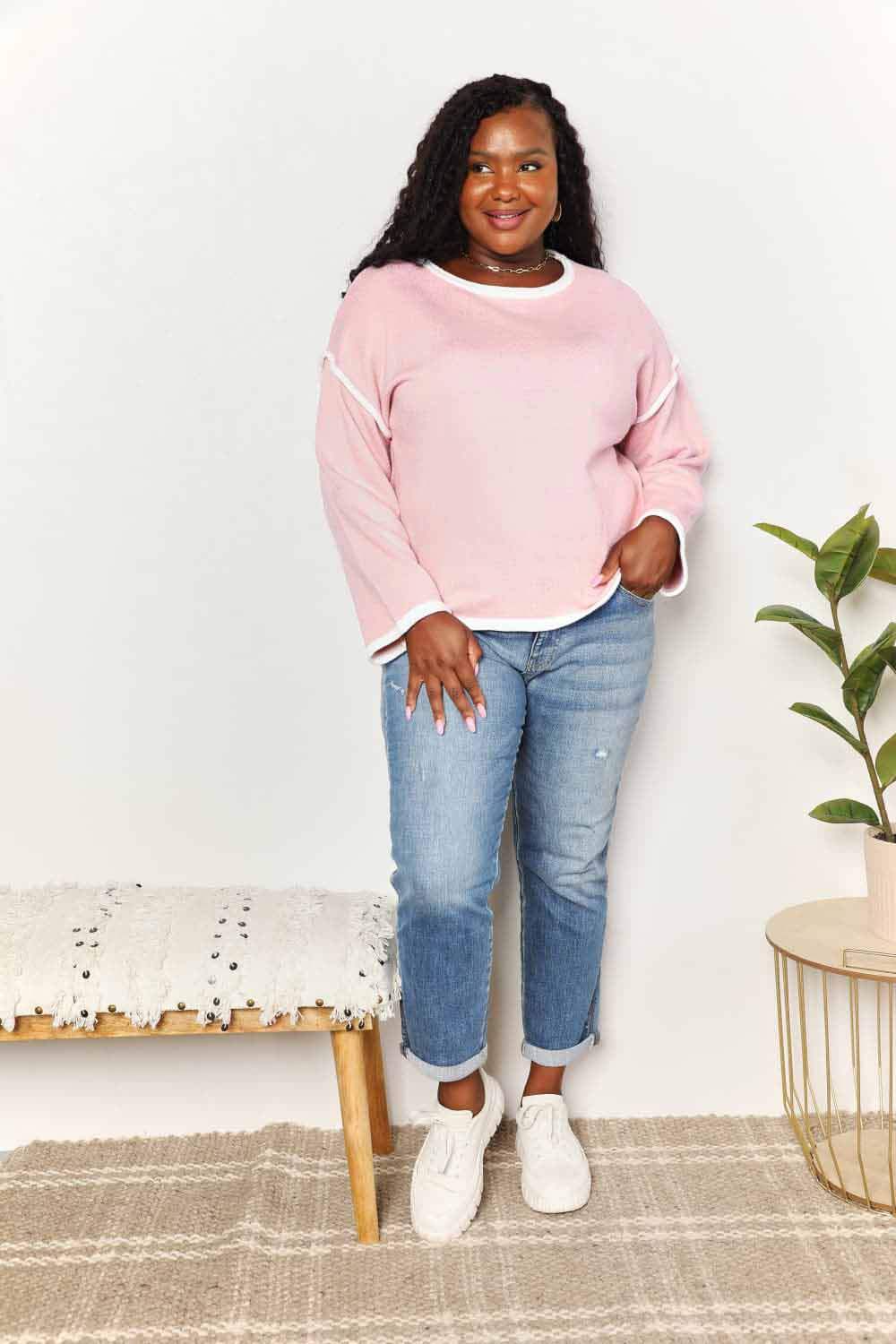 Angel Wings Contrast Detail Dropped Shoulder Knit Top - Trendsi - Flyclothing LLC