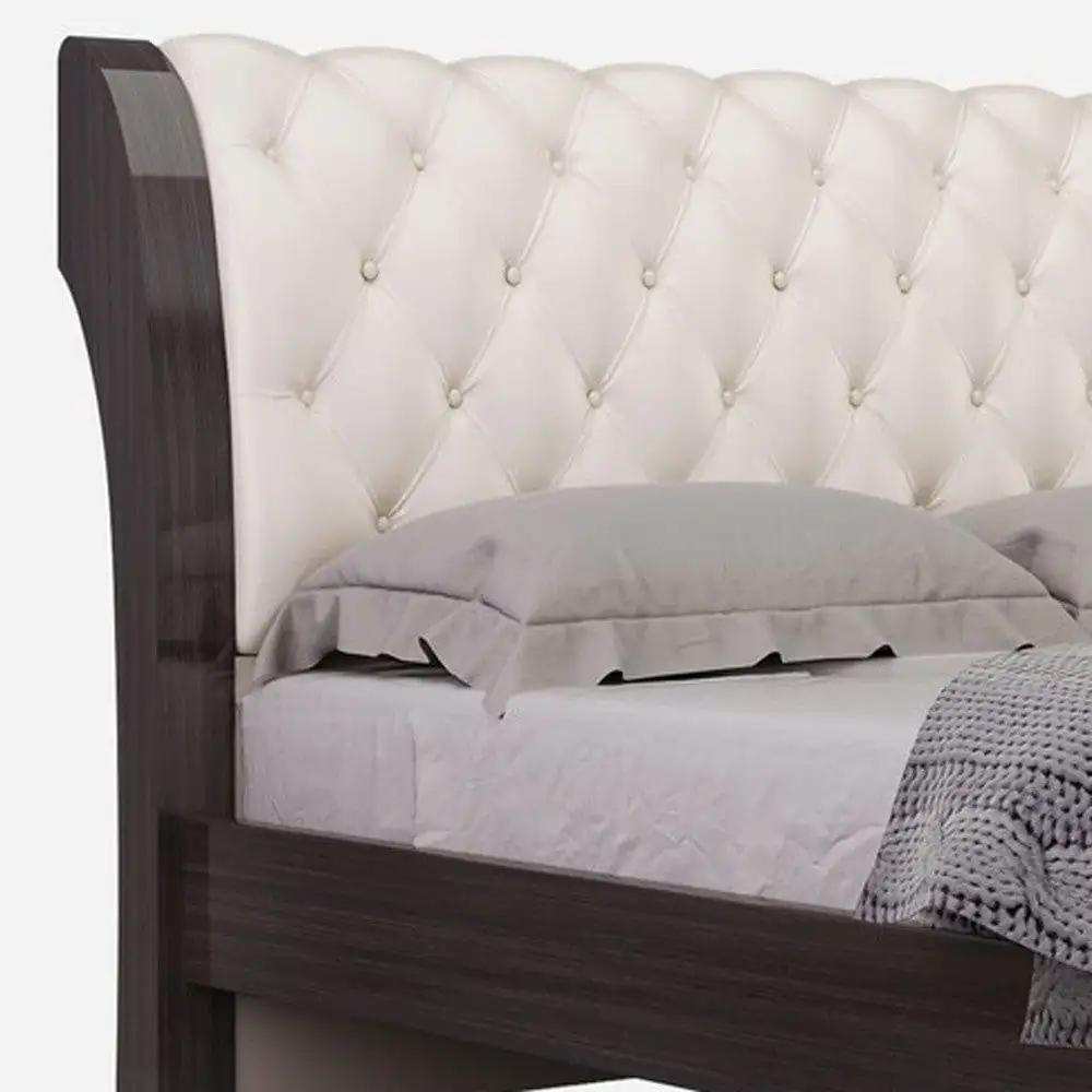 Solid Wood Queen Tufted Beige Upholstered Faux Leather Bed With Nailhead Trim - Homeroots - Flyclothing LLC