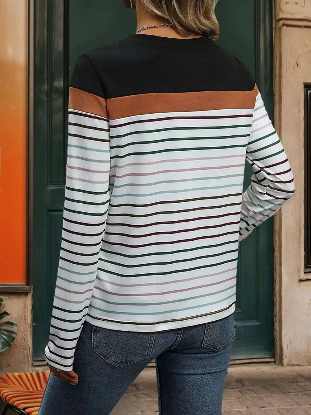 Striped Round Neck Long Sleeve T-Shirt - Trendsi - Flyclothing LLC