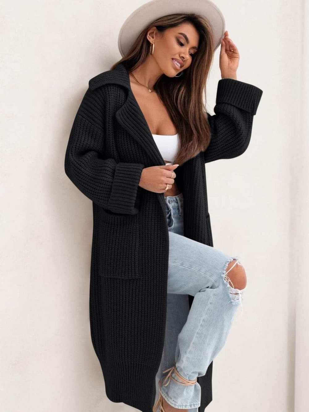 Pocketed Collared Neck Dropped Shoulder Cardigan - Trendsi - Flyclothing LLC