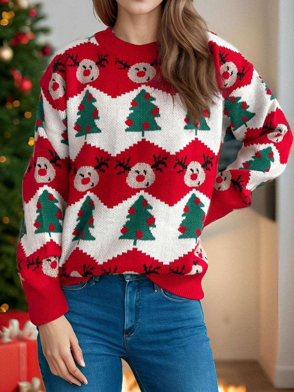 Christmas Element Round Neck Long Sleeve Sweater - Trendsi - Flyclothing LLC