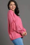 Umgee Full Size Fringe Round Neck Long Sleeve Sweater Plus Size - Trendsi