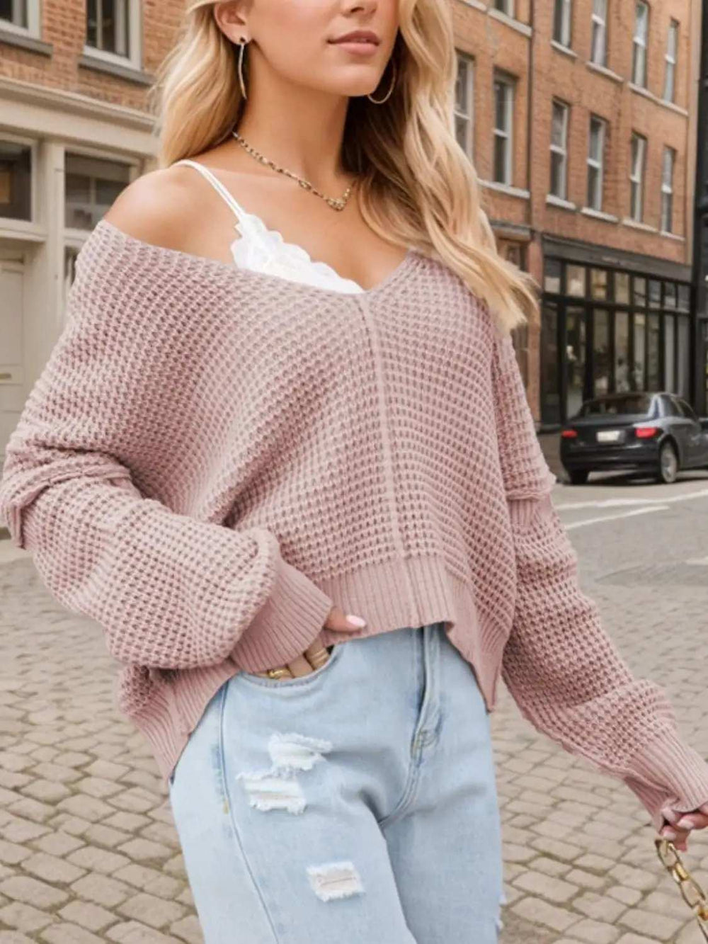 V-Neck Long Sleeve Sweater - Trendsi - Flyclothing LLC