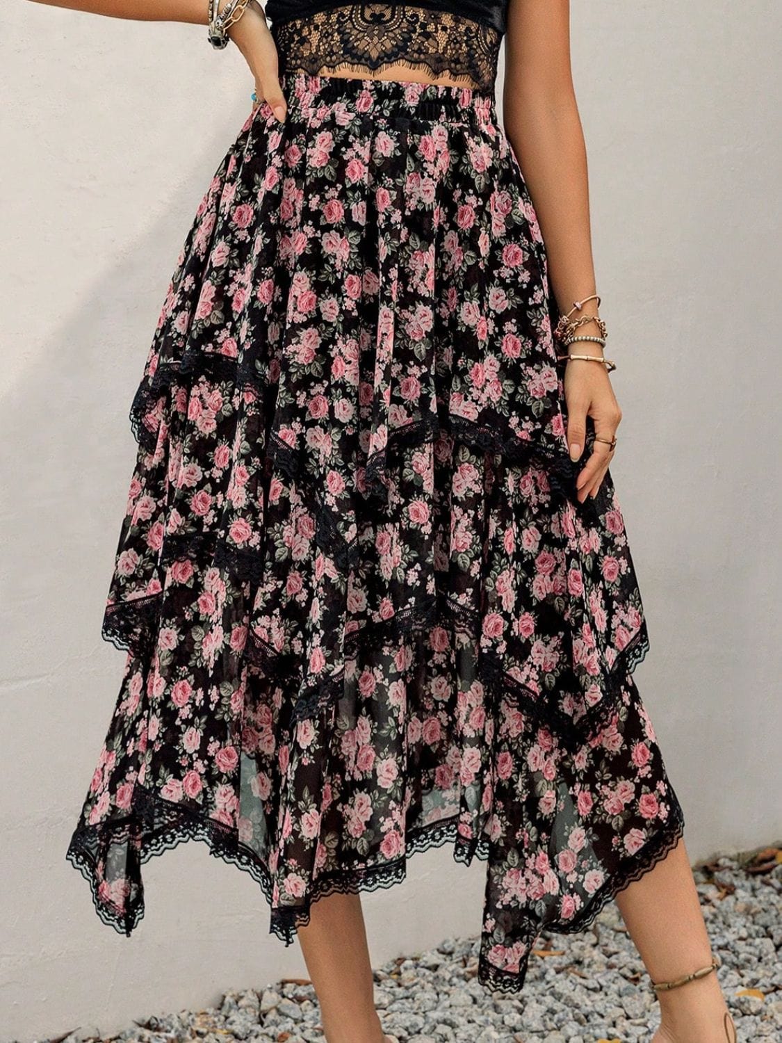 Lace Detail Layered Printed Skirt - Trendsi