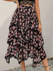 Lace Detail Layered Printed Skirt - Trendsi