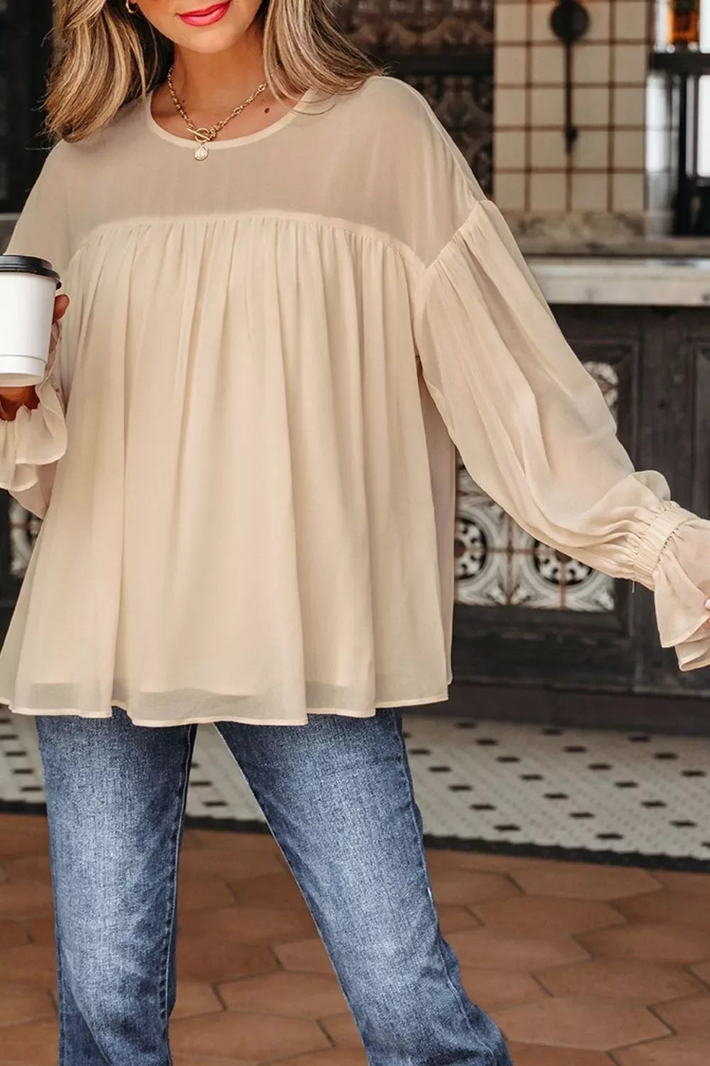Round Neck Ruffle Sleeve Blouse - Trendsi - Flyclothing LLC