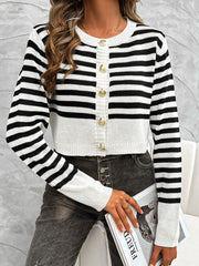 Devine Striped Round Neck Button Down Cardigan - Trendsi