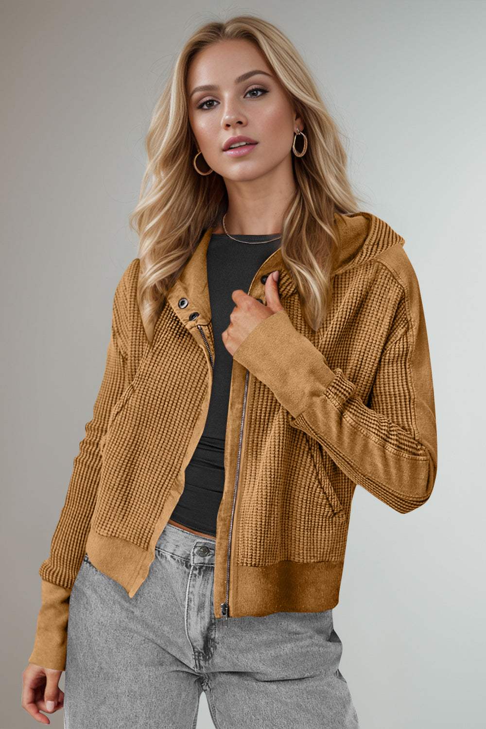Double Take Waffle-Knit Zip Up Long Sleeve Hooded Jacket - Trendsi - Flyclothing LLC