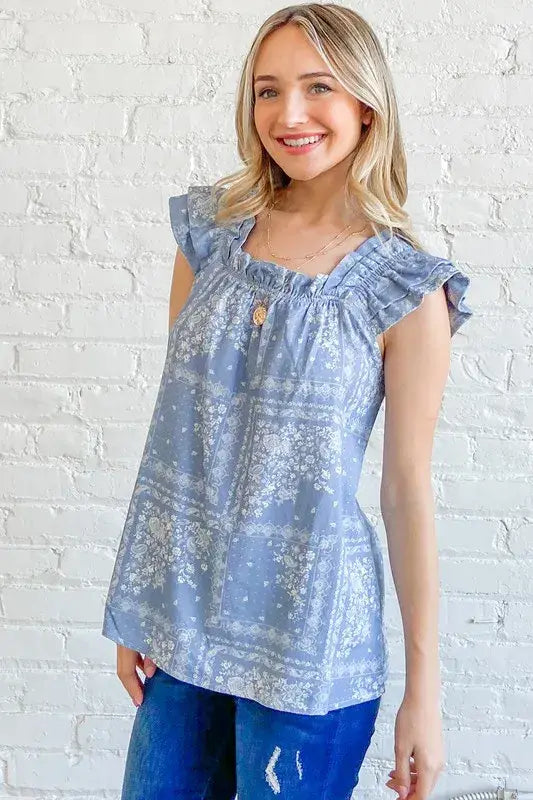 And The Why Boho Print Rayon Linen Ruffle Baby Doll Tank Top - Trendsi - Flyclothing LLC
