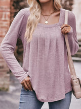 Pleated Square Neck Long Sleeve T-Shirt - Trendsi - Flyclothing LLC