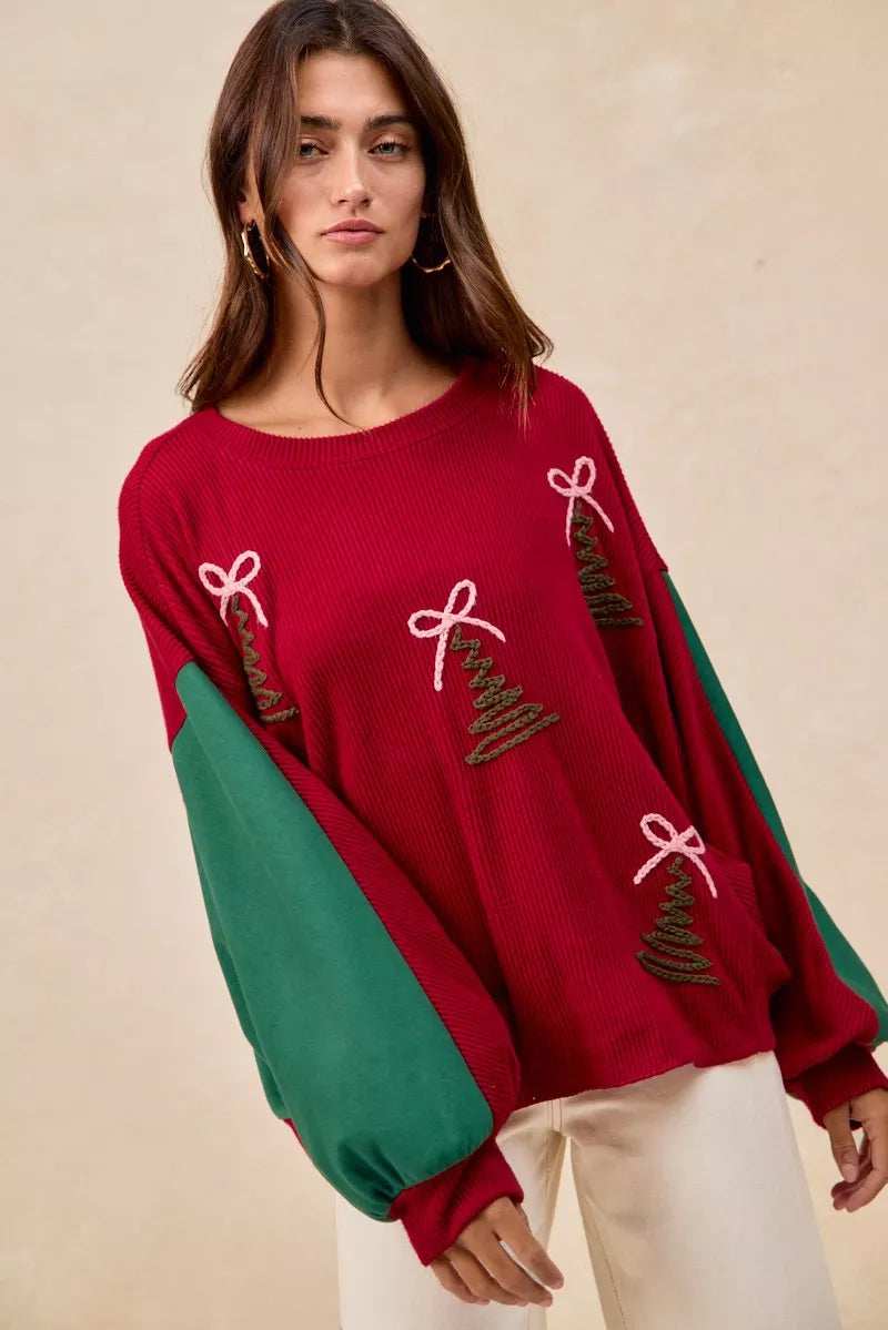 BiBi Christmas Theme Tree Embroidered Sweater - Trendsi - Flyclothing LLC