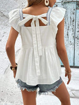 Embroidered Square Neck Cap Sleeve Blouse - Trendsi - Flyclothing LLC