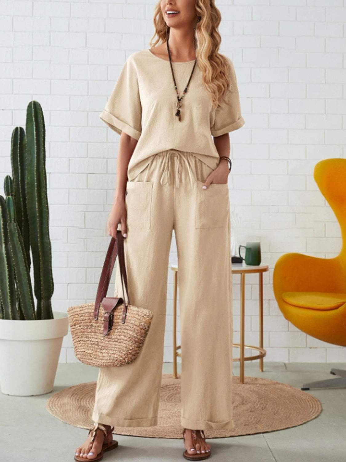 Round Neck Half Sleeve Top and Pocketed Pants Set - Trendsi - Flyclothing LLC