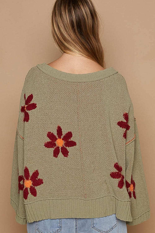 POL V-Neck Floral Pattern Chenille Sweater - Trendsi - Flyclothing LLC
