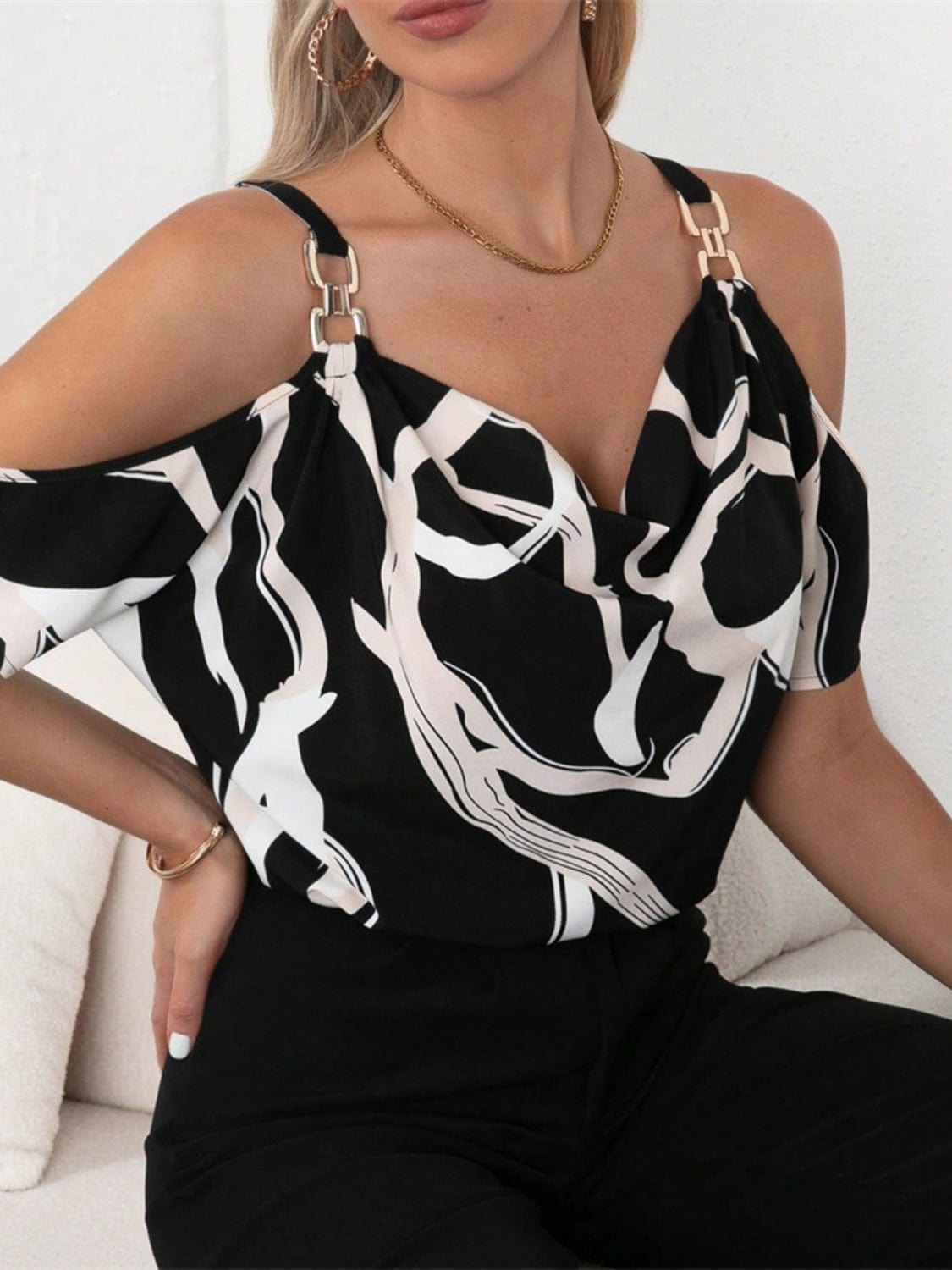 Cutout Printed Cowl Neck Short Sleeve Blouse - Trendsi