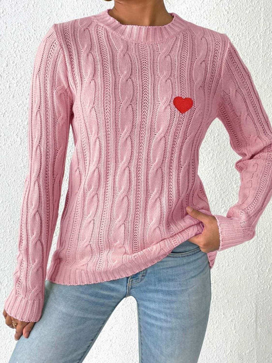 Cable-Knit Heart Round Neck Long Sleeve Sweater - Trendsi - Flyclothing LLC