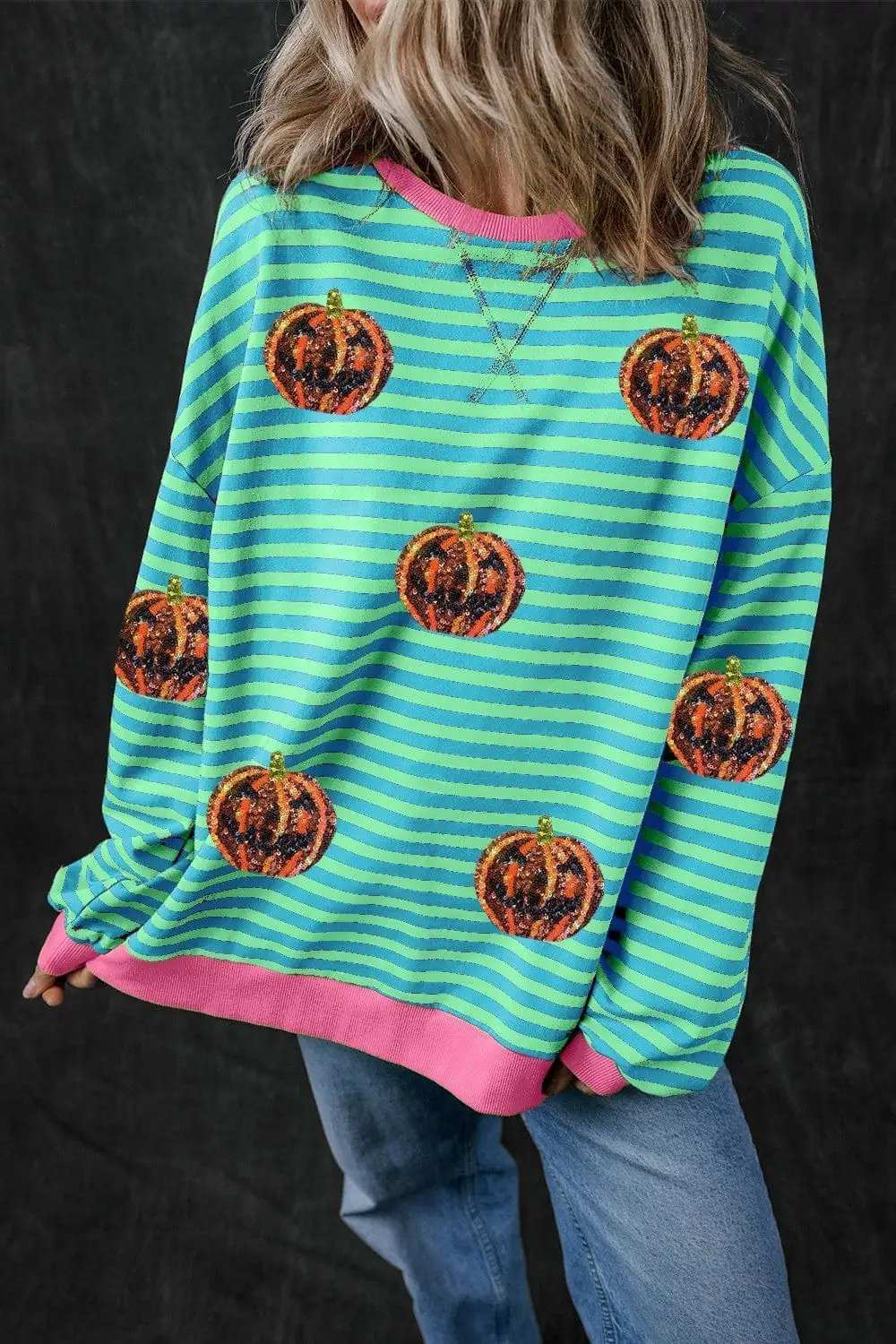 Pumpkin Striped Round Neck Long Sleeve Sweatshirt - Trendsi - Flyclothing LLC