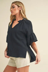 Aemi + Co Side Slit Notched Ruffled Half Sleeve Blouse - Trendsi - Flyclothing LLC