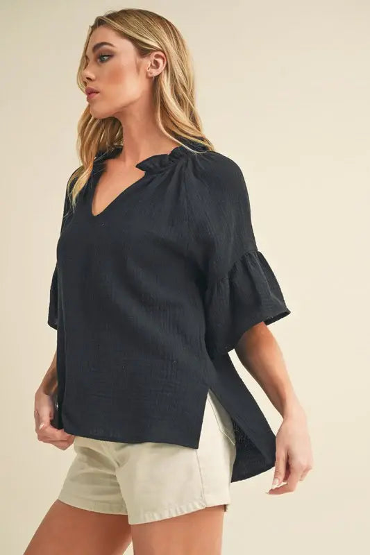 Aemi + Co Side Slit Notched Ruffled Half Sleeve Blouse - Trendsi - Flyclothing LLC