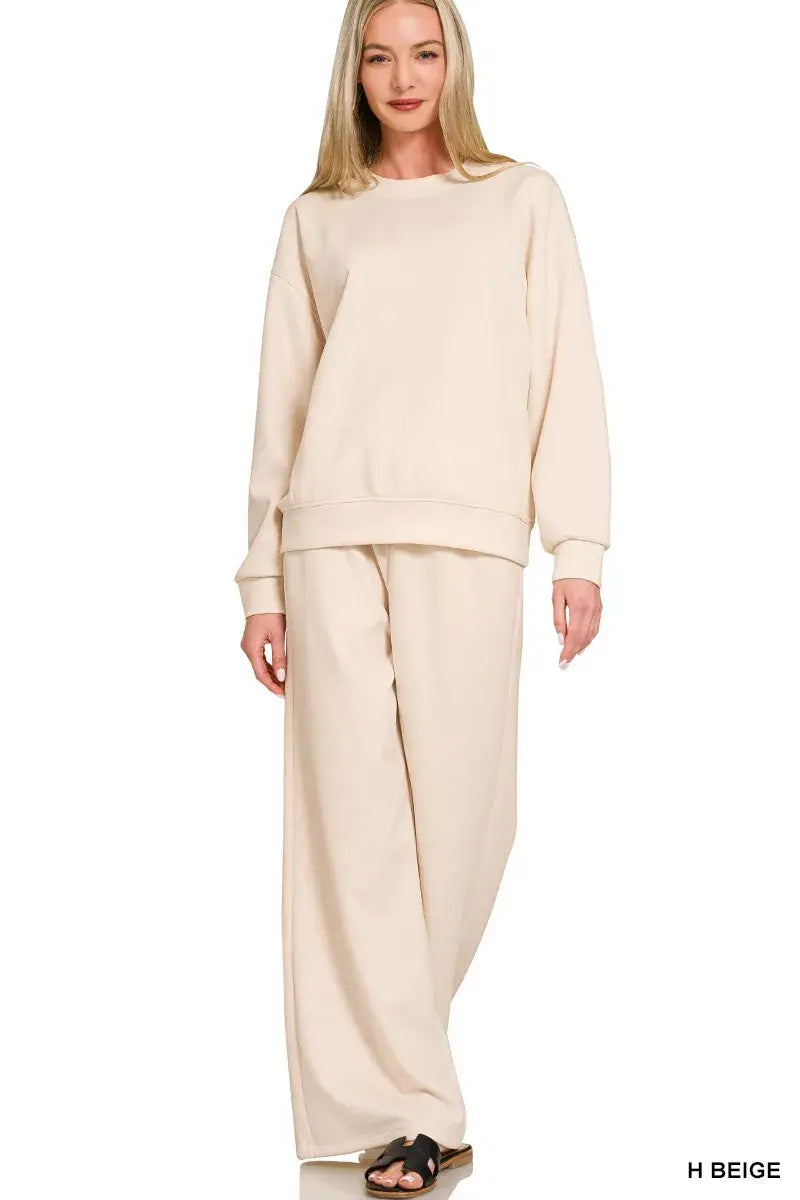 Zenana Scuba Crewneck Pullover and Pants Set - Trendsi - Flyclothing LLC
