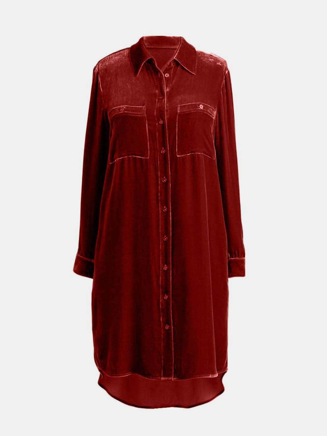 High-Low Button Up Long Sleeve Knee Length Dress - Trendsi - Flyclothing LLC