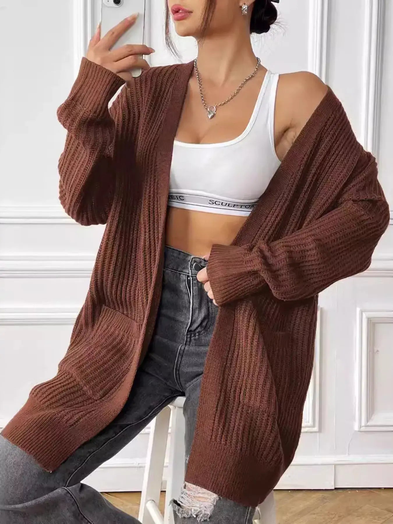 Open Front Drop Shoulder Cardigan - Trendsi - Flyclothing LLC