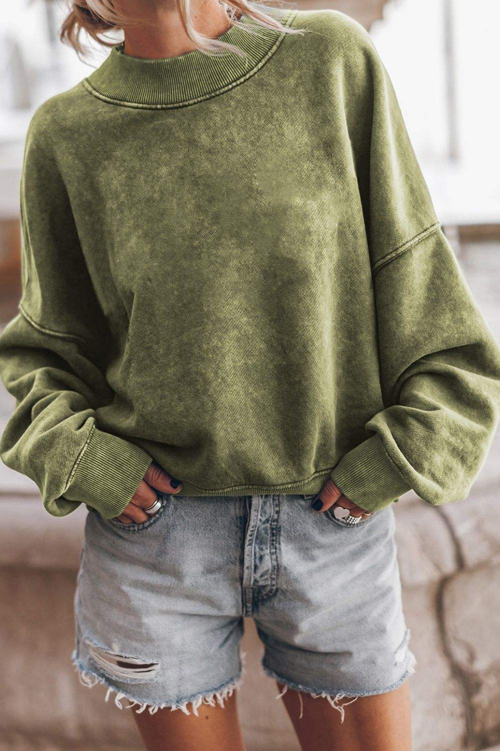 Mock Neck Dropped Shoulder Sweatshirt - Trendsi - Flyclothing LLC
