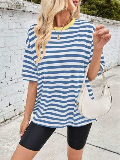 Lovelet Striped Round Neck Half Sleeve T-Shirt - Trendsi - Flyclothing LLC
