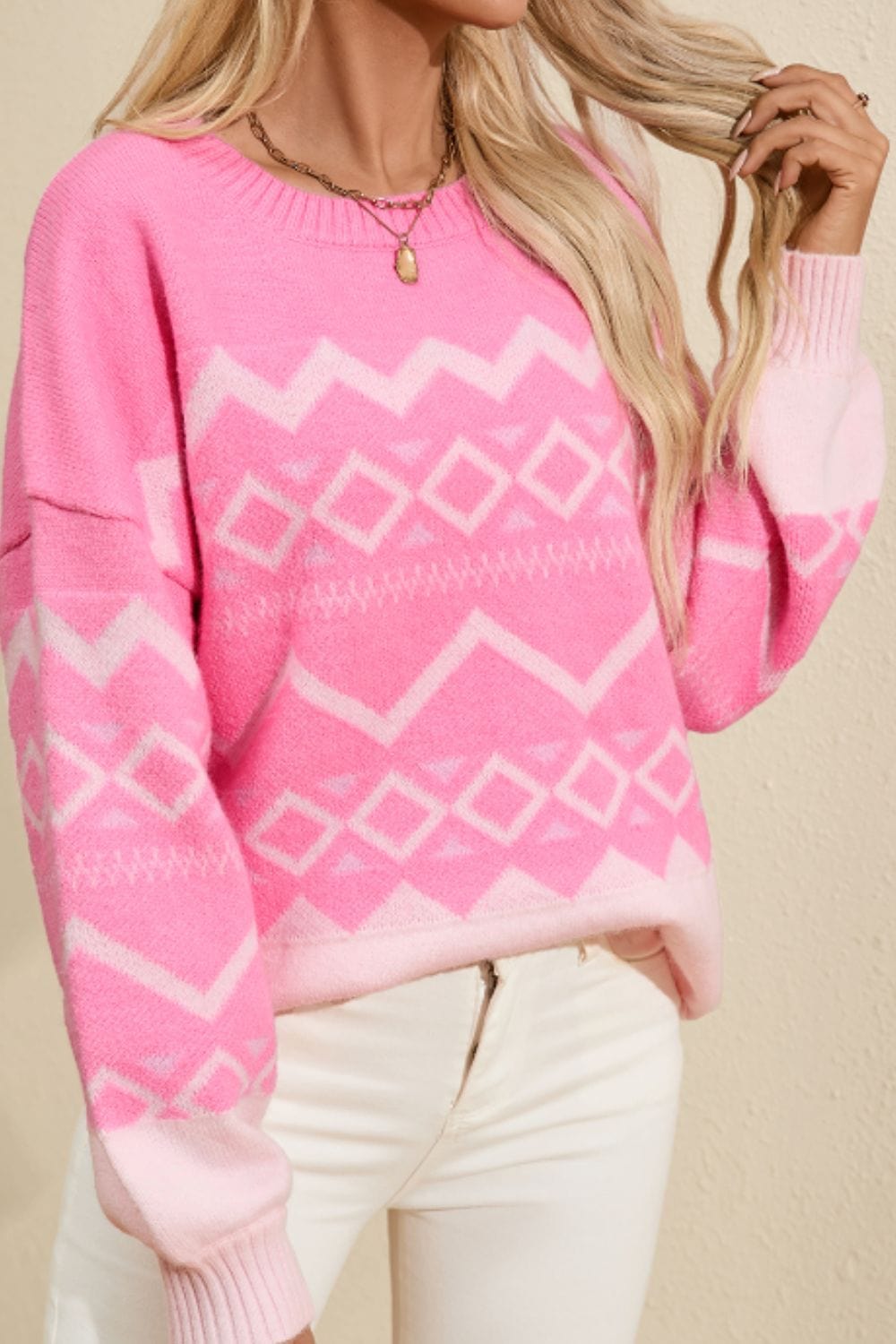 Geometric Drop Shoulder Long Sleeve Sweater - Trendsi