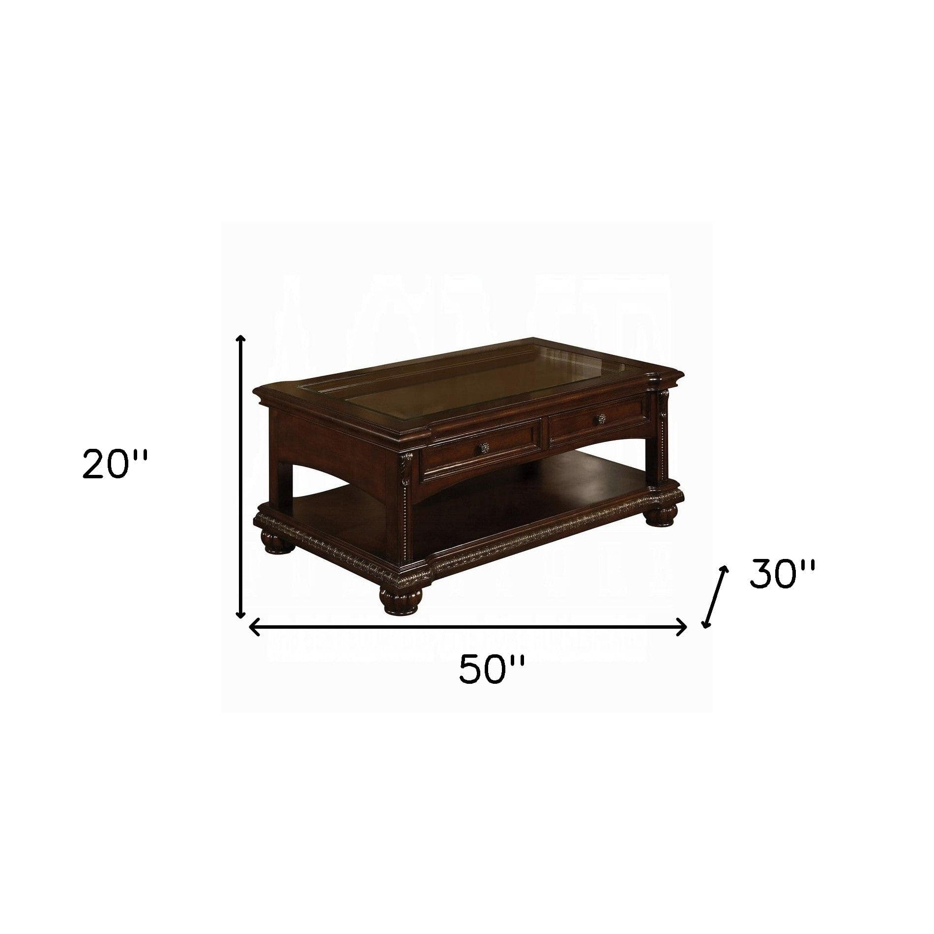 50" Brown Glass And Solid Wood Coffee Table With Two Drawers - Homeroots