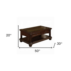 50" Brown Glass And Solid Wood Coffee Table With Two Drawers - Homeroots
