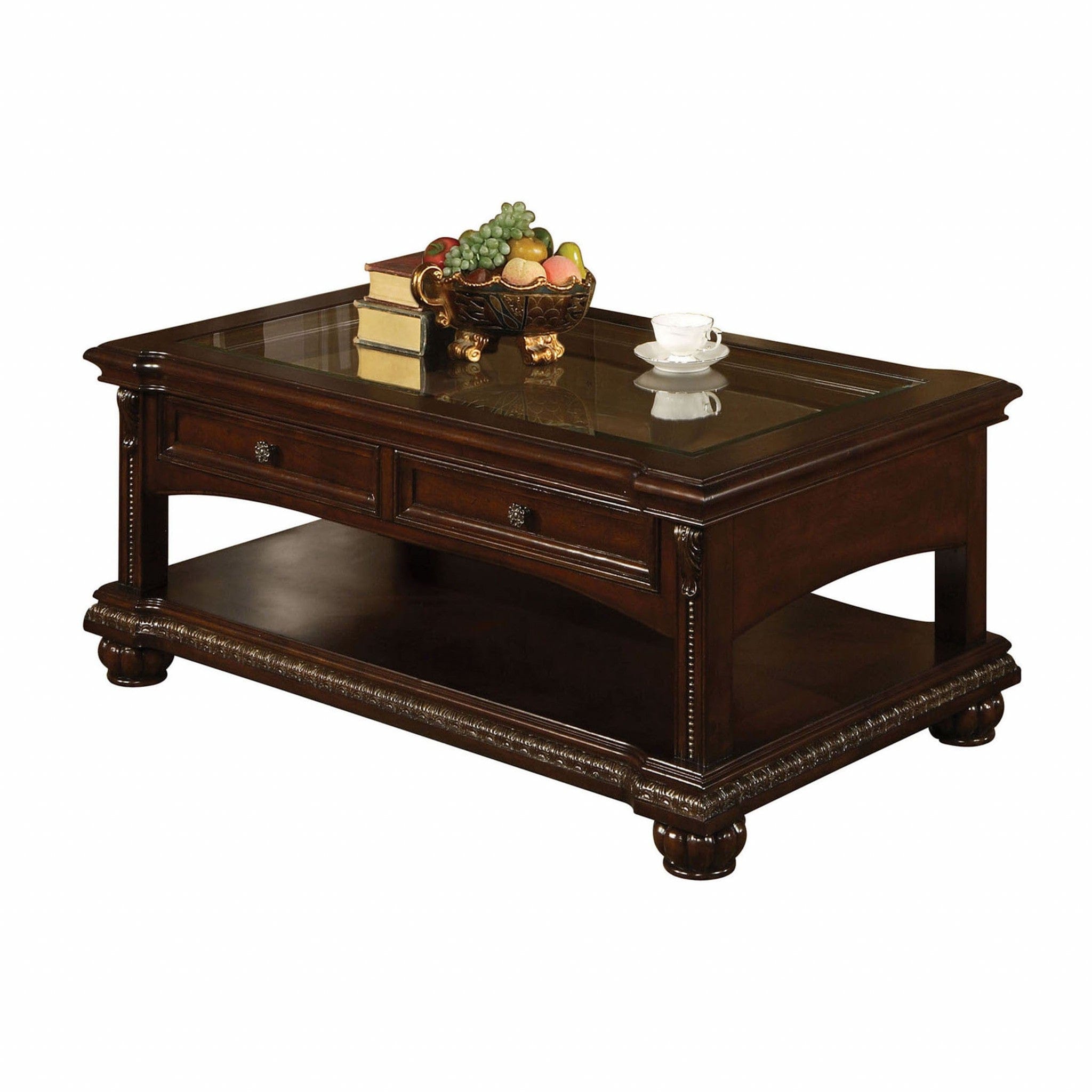 50" Brown Glass And Solid Wood Coffee Table With Two Drawers - Homeroots